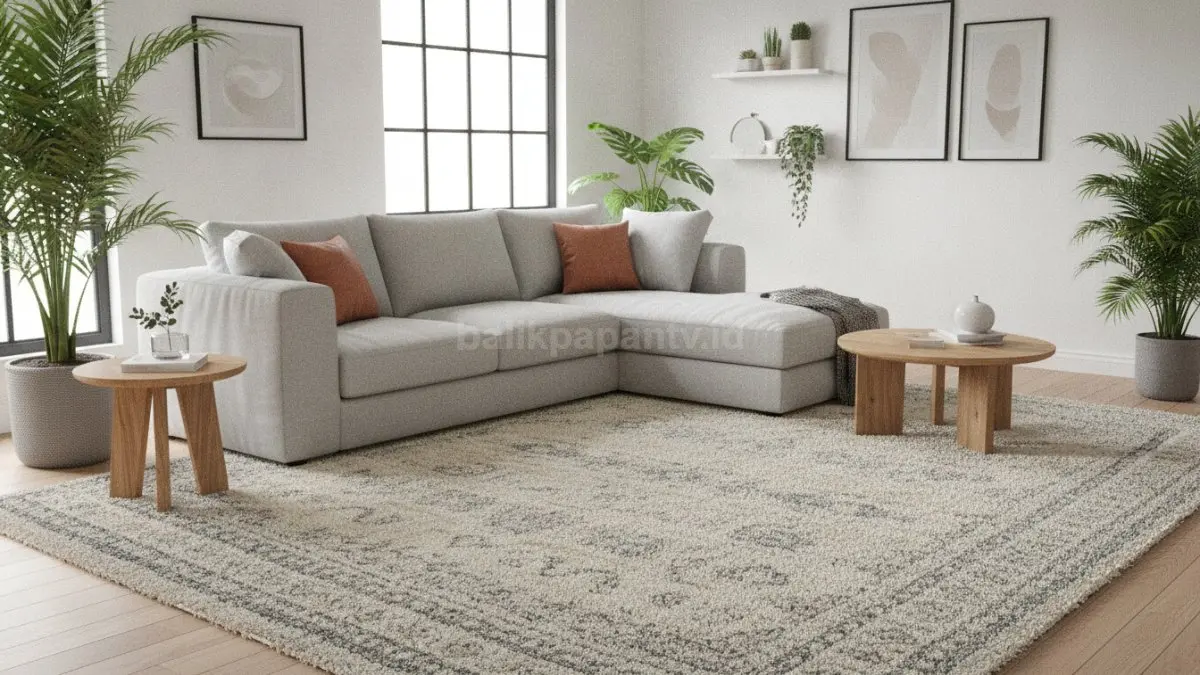 Kombinasi karpet bertekstur, sofa netral, serta tanaman hias yang membuat ruang tamu terasa lebih hidup.
