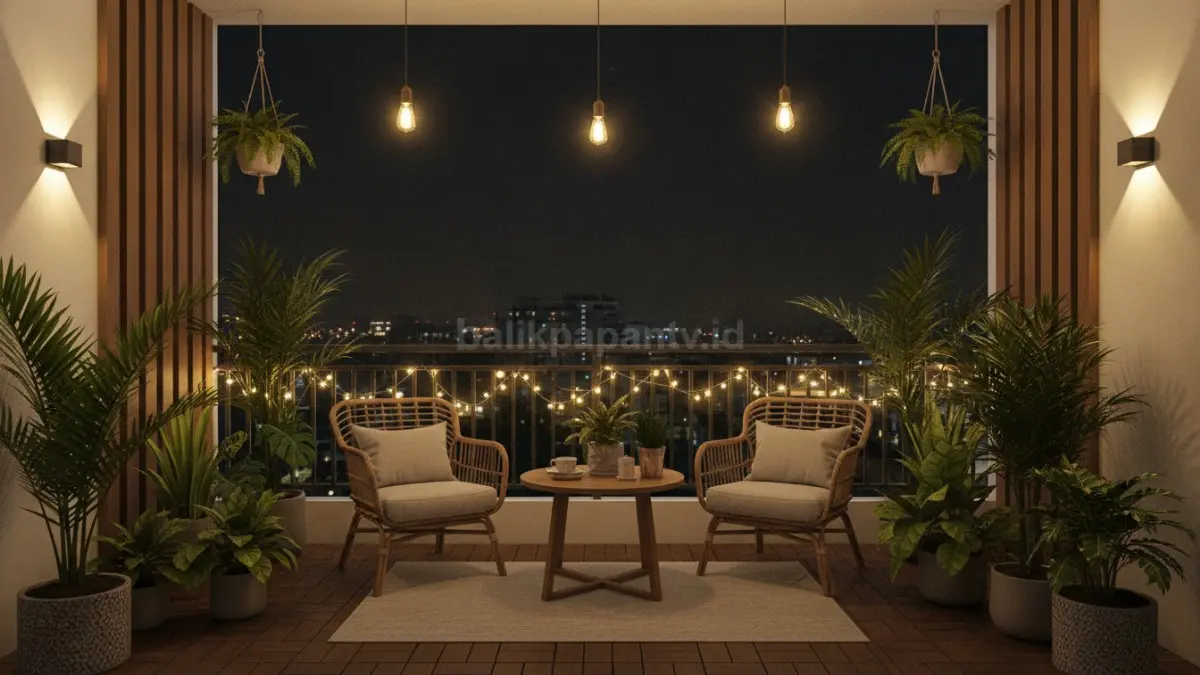 Lampu bernuansa hangat menciptakan suasana balkon terasa nyaman, estetik, dan menyerupai kafe modern saat malam. **(BTV/AI)**
