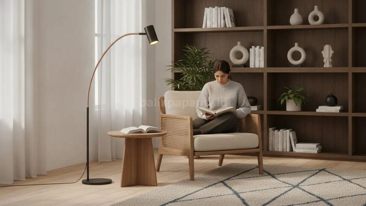 Lampu lantai adjustable fleksibel digunakan untuk membaca, bekerja, maupun bersantai dalam ruangan.  (BTV/AI)