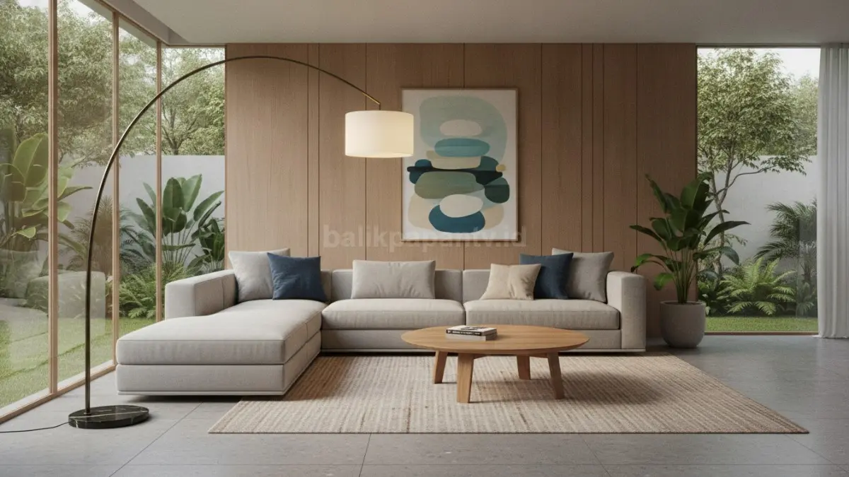 Lampu lantai arc minimalis menghadirkan pencahayaan terarah yang elegan untuk sofa dan ruang keluarga.   (BTV/AI)
