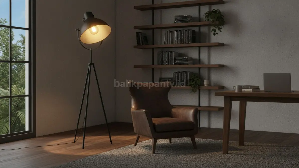Lampu lantai industrial berkarakter kuat, ideal menunjang fokus visual pada ruang kerja dan baca.  (BTV/AI)