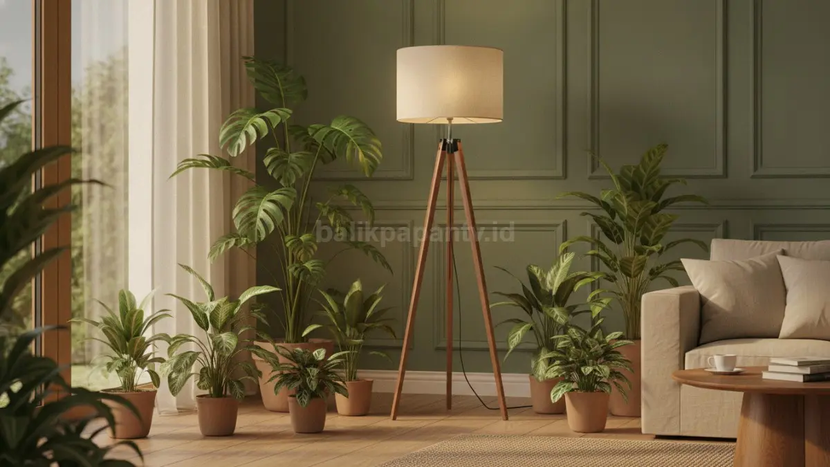 Lampu lantai kayu natural menghadirkan nuansa hangat, selaras dengan interior biophilic modern.  (BTV/AI)