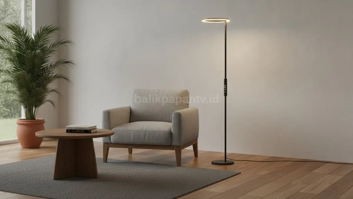 Lampu lantai LED modern hemat energi dengan pengaturan kecerahan fleksibel untuk berbagai aktivitas.  (BTV/AI)