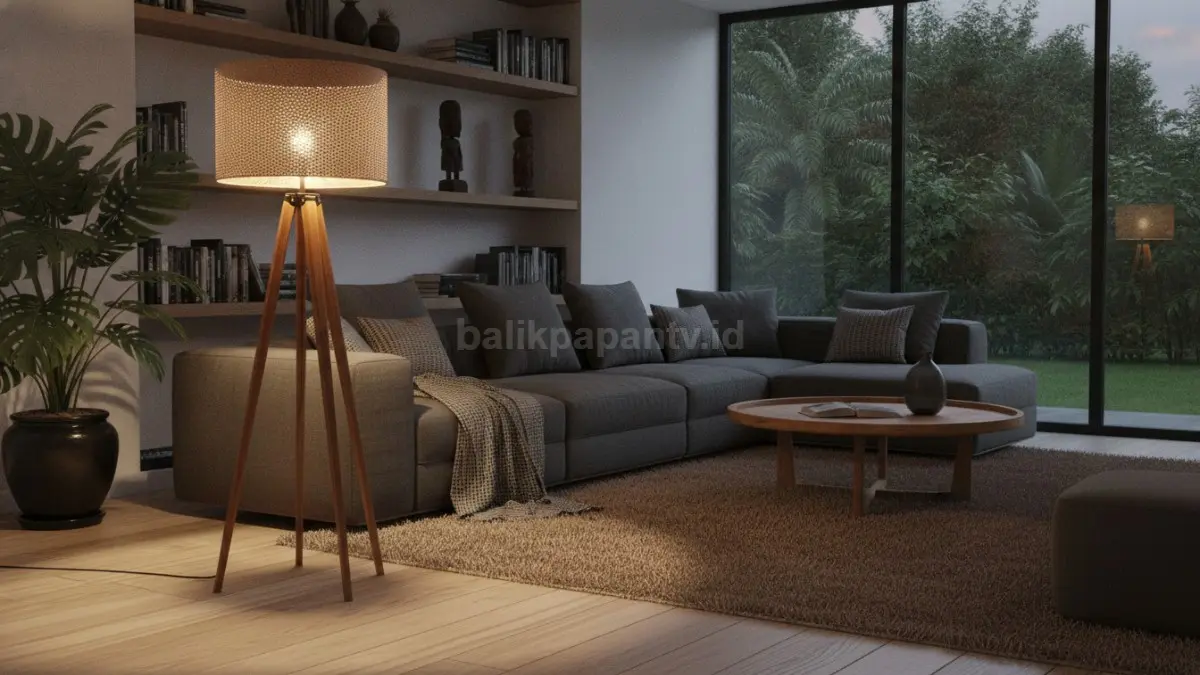 Lampu lantai minimalis modern menciptakan suasana hangat dan nyaman pada ruang keluarga.  (BTV/AI)