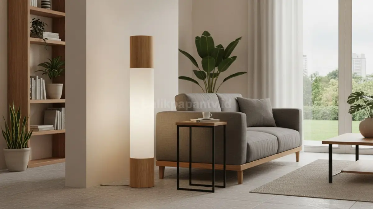 Lampu lantai silinder minimalis tampil bersih, serasi dipadukan dengan furnitur kayu maupun logam.  (BTV/AI)