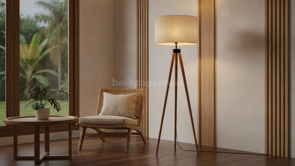 Lampu lantai tripod menghadirkan pencahayaan fungsional sekaligus aksen dekoratif yang mempercantik sudut ruangan.  (BTV/AI)