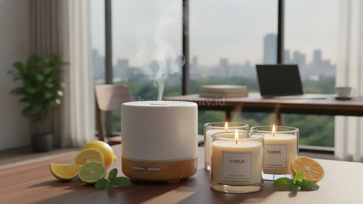 Lilin aromaterapi citrus menghadirkan aroma segar, membantu menciptakan suasana aktif, nyaman, dan produktif.  (BTV/AI)