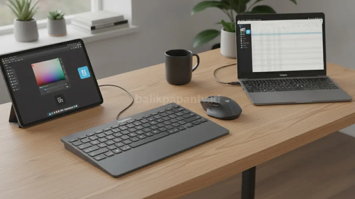Logitech MX Keys Mini dan MX Anywhere 3S digunakan bersamaan pada meja kerja modern untuk produktivitas lintas perangkat. (BTV/Ai)