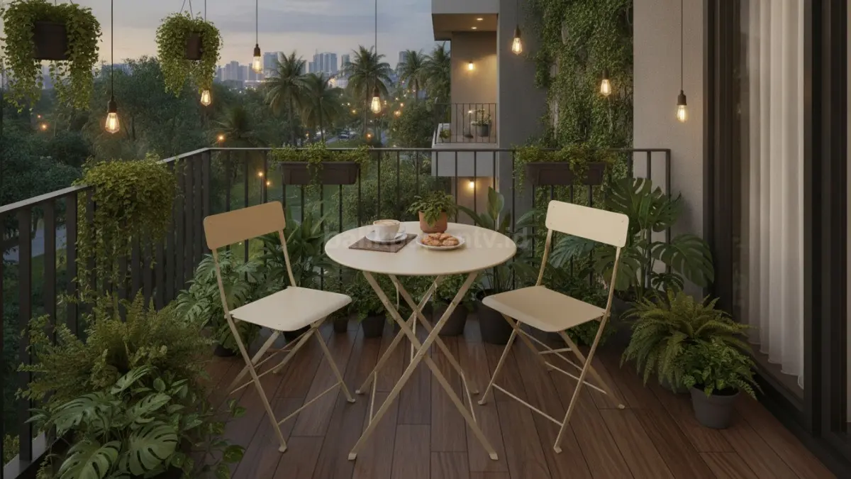 Meja bundar dan kursi ramping menciptakan balkon bergaya kafe yang nyaman tanpa mengurangi ruang bergerak. (BTV/AI)
