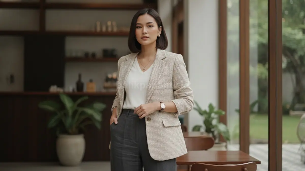 Model mengenakan fashion quiet luxury dengan blazer krem, celana tailored, dan aksesori minimalis di ruang modern yang terang. (BTV/Ai)