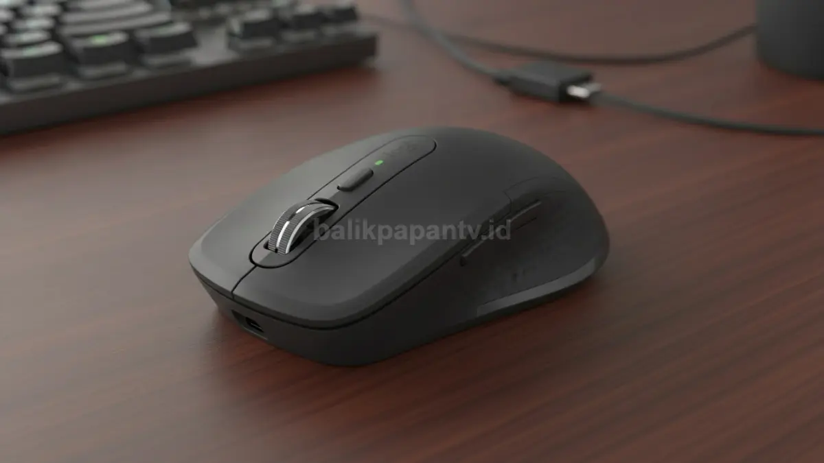 Mouse Logitech MX Anywhere 3S memperlihatkan fitur MagSpeed Scroll dan desain ringkas premium. (BTV/Ai)