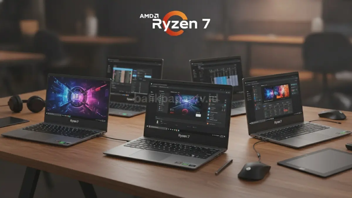 Perbandingan lima laptop AMD Ryzen 7 terbaik 2026 untuk kerja, kuliah, editing, dan gaming. (BTV/Ai)