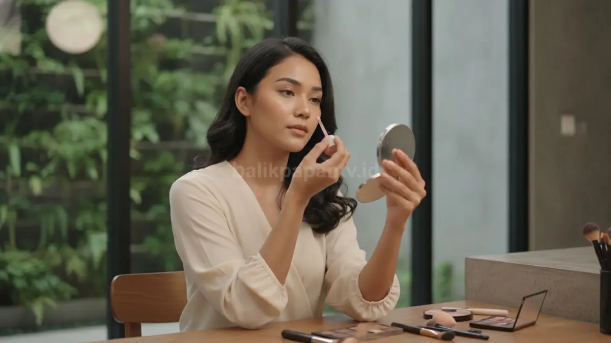 Proses penggunaan skin tint dan alis rapi sebagai dasar makeup kerja.
