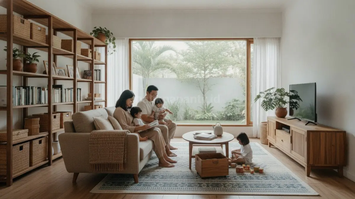 Ruang keluarga rapi setelah decluttering dengan penyimpanan fungsional, menghadirkan suasana luas dan nyaman untuk keluarga (BTV/Ai)