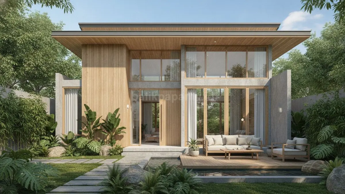 Rumah bergaya Japandi modern dengan pencahayaan alami dan taman hijau sebagai inspirasi arsitektur rumah 2026.
