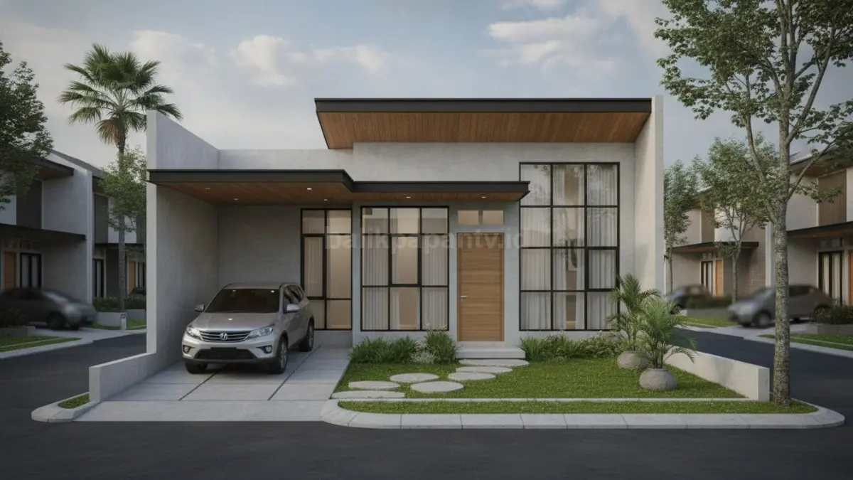 Rumah minimalis modern dengan carport sederhana beratap baja ringan yang menyatu dengan fasad rumah. (BTV./Ai)