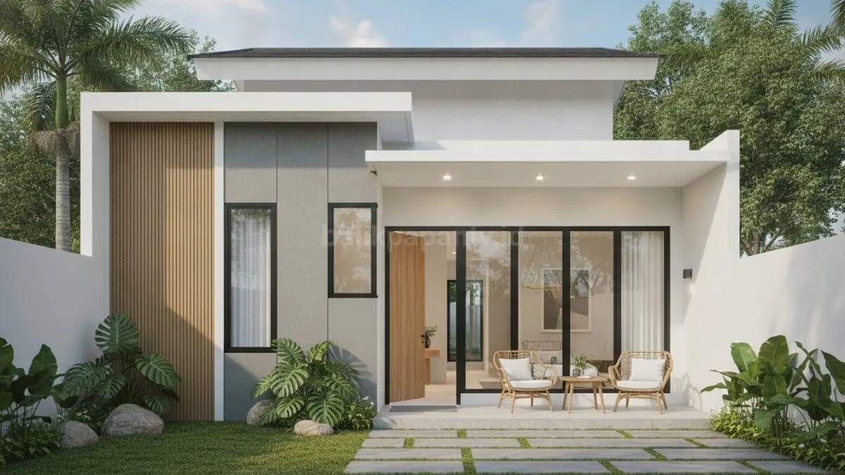 Rumah minimalis modern dengan sentuhan simplicity, fasad bersih, warna netral, serta pencahayaan alami yang menciptakan hunian nyaman dan elegan. (BTV/Ai)