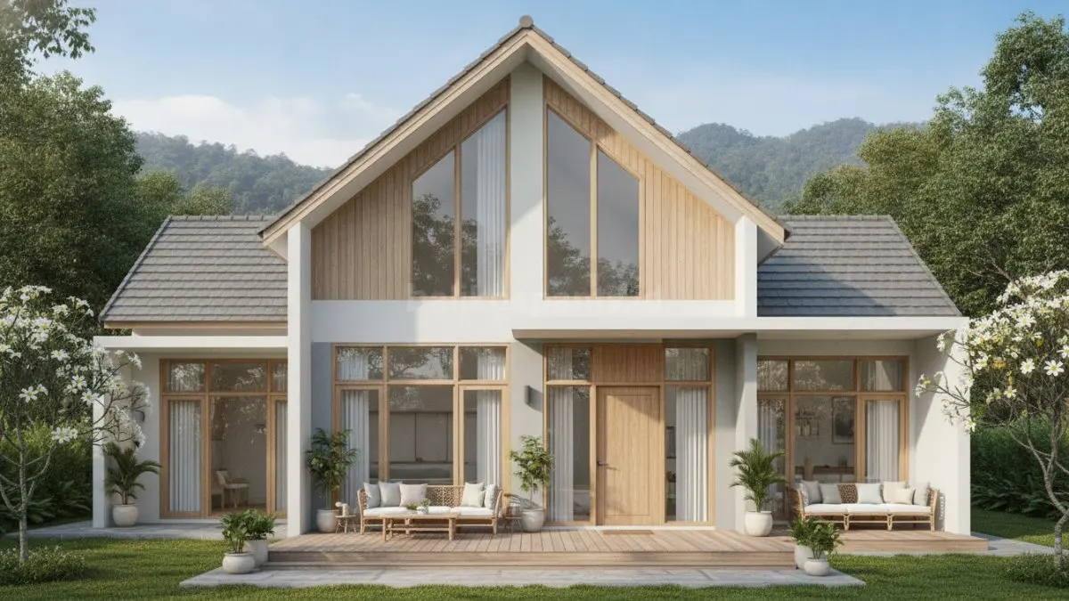 Rumah Scandinavian modern dengan dominasi warna netral, pencahayaan alami, dan material kayu yang menghadirkan suasana hangat (BTV/Ai)