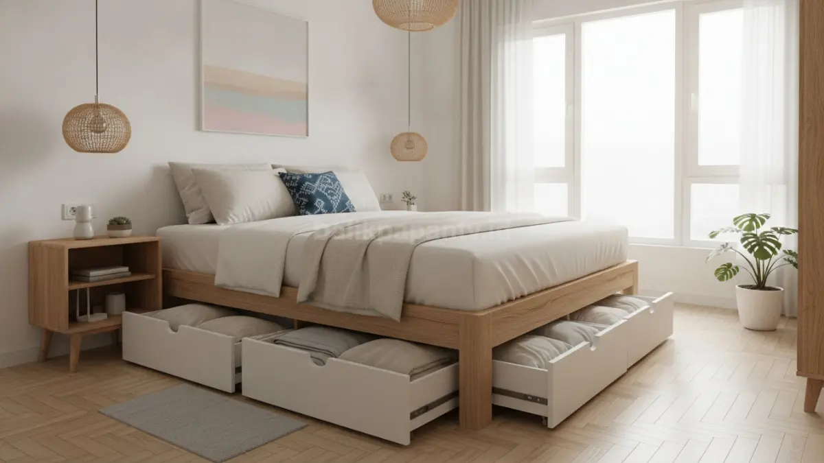 Tempat tidur berlaci memaksimalkan ruang penyimpanan sehingga kamar sempit tetap rapi, lega, dan nyaman digunakan. (BTV/Ai)
