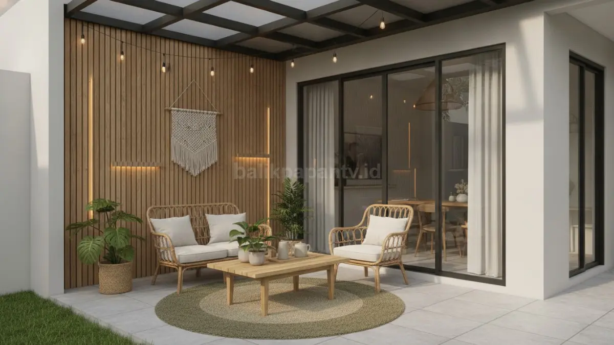 Teras rumah minimalis disulap menjadi ruang tamu cozy dengan sofa mungil, tanaman hijau, dan pencahayaan hangat. (BTV/Ai)