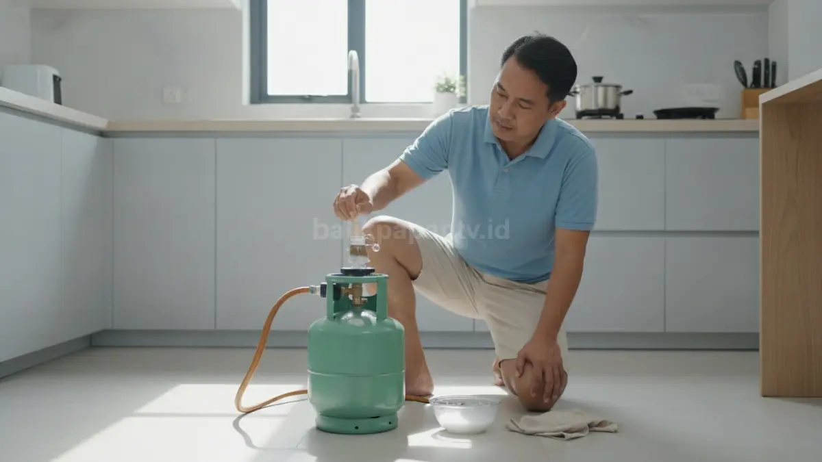 Uji sambungan dengan air sabun untuk memastikan tidak ada kebocoran gas. (BTV/Ai)