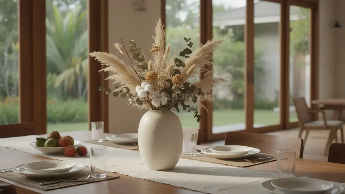 Vas keramik oval mempercantik meja makan dengan tampilan lembut dan elegan berkelas.  (BTV/AI)