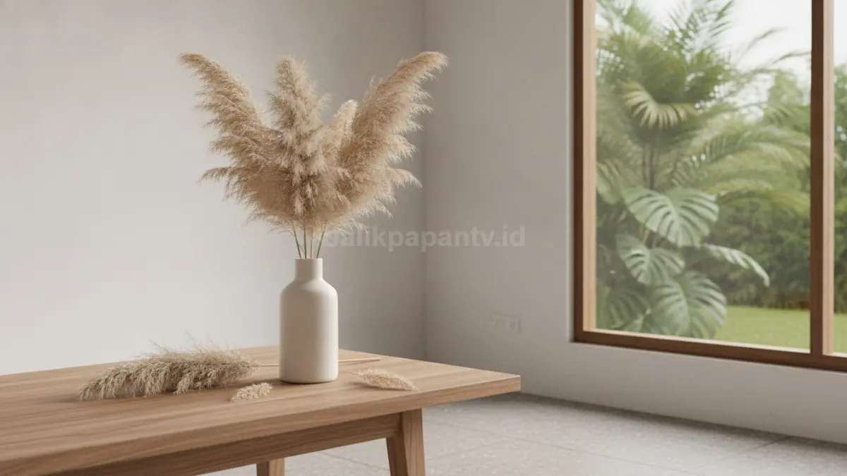 Vas keramik putih dengan pampas grass menghadirkan nuansa modern, bersih, dan lapang alami.  (BTV/AI)