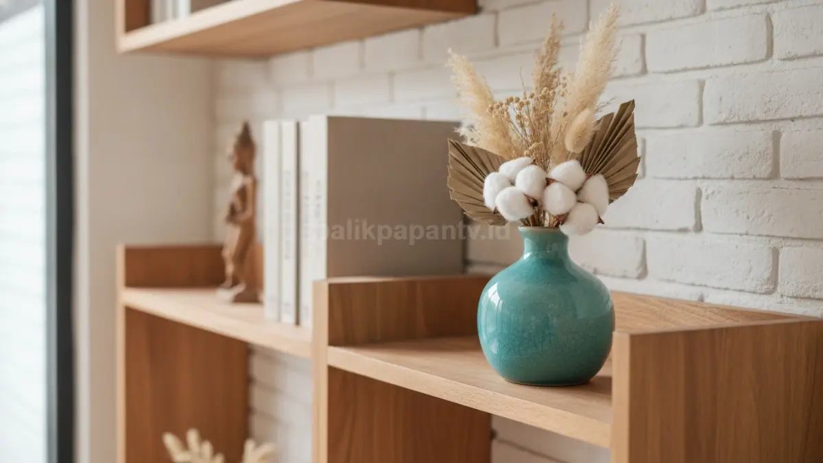 Vas mini untuk rak terbuka menghadirkan aksen dekoratif manis tanpa membuat tampilan penuh.  (BTV/AI)