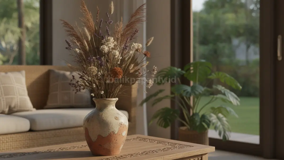 Vas tekstur handmade menghadirkan karakter unik sebagai aksen dekoratif menarik di meja tamu.  (BTV/AI)