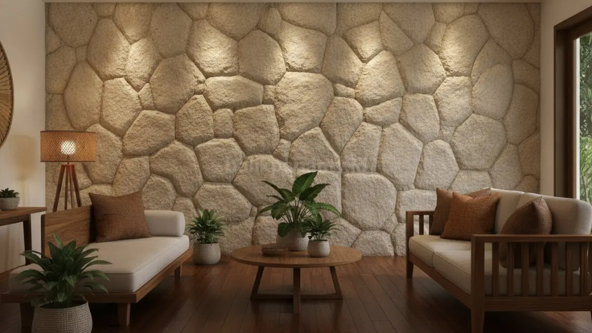 Accent wall batu krem menciptakan fokus ruang tamu hangat, dipadukan lighting warm white mempertegas tekstur alami.  (BTV/AI)