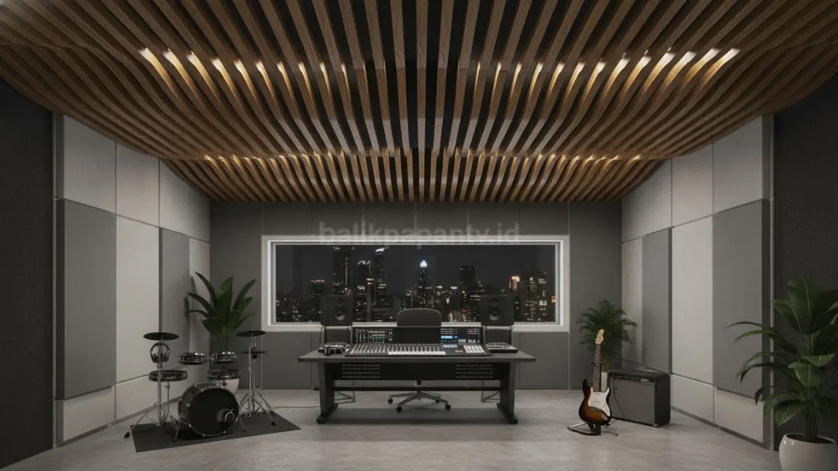 Acoustic Slat Panel System meredam suara efektif, bilah kayu berlapis cocok studio musik ruang meeting modern.  (BTV/AI)