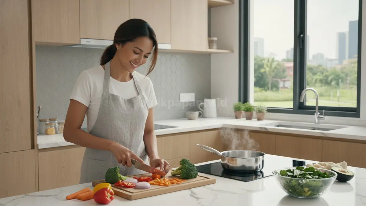 Aktivitas memasak makanan sehat rumahan dengan bahan segar dan sederhana di dapur modern
