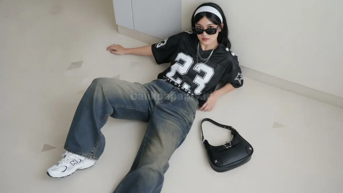 Anak muda mengenakan outfit skena bernuansa streetwear dengan kaus oversized, cargo pants, dan sneakers di ruang publik modern. (BTV/Ai)