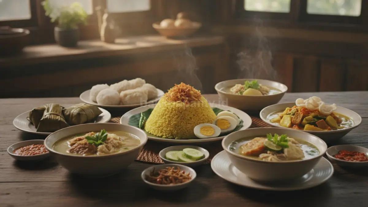 Aneka sarapan khas Kalimantan Timur seperti nasi kuning dan buras berendam tersaji hangat dengan lauk tradisional.