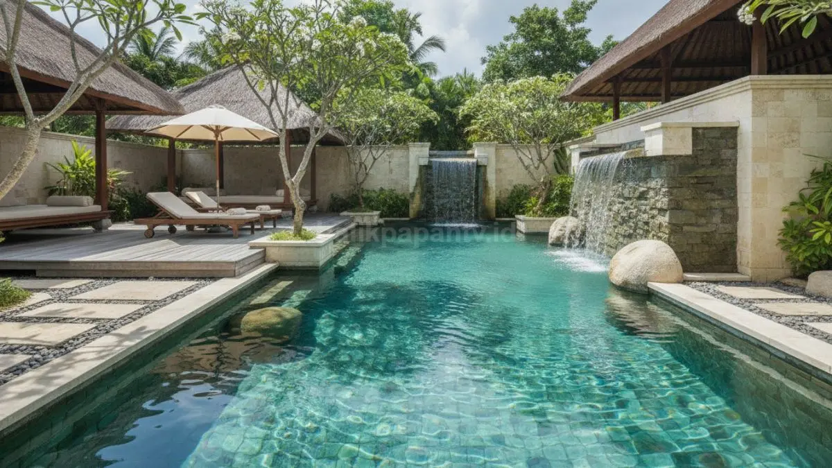 Area kolam batu krem menghadirkan suasana resort tenang, warna netral memperjelas air lebih bersih alami.  (BTV/AI)