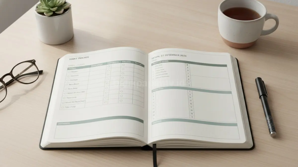 Bullet journal ideas dengan layout habit tracker dan daily planner minimalis modern (BTV/Ai)