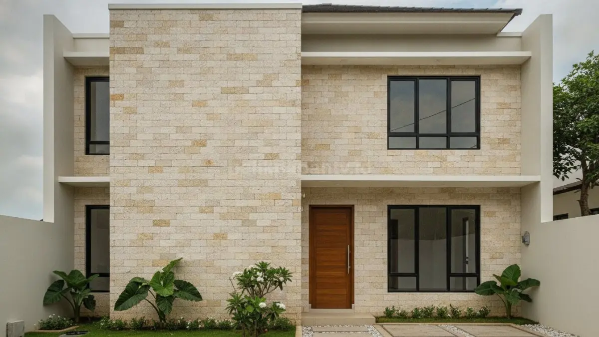 Cladding fasad batu krem memperkuat tampilan natural rumah minimalis, rapi modern sekaligus melindungi bangunan dari cuaca.  (BTV/AI)