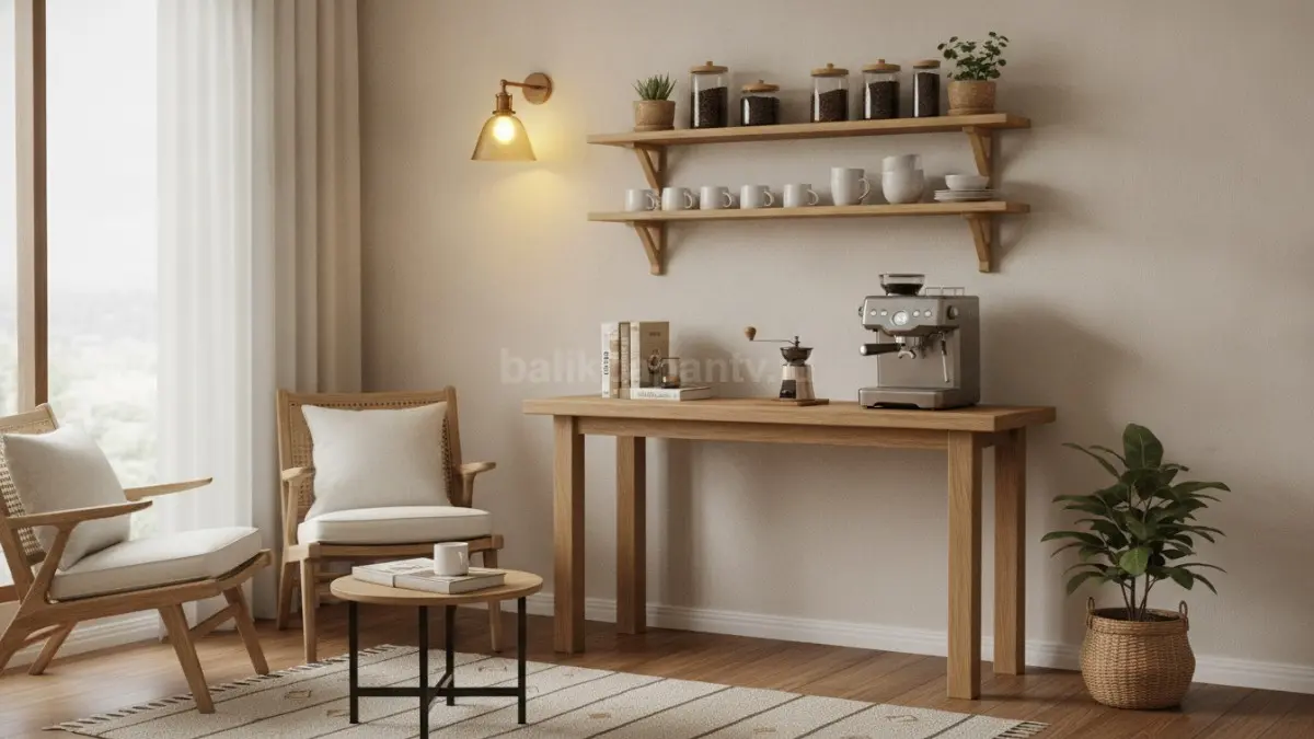 Coffee corner minimalis dengan rak dinding menghadirkan sudut kopi rapi, hemat ruang, dan terasa hangat setiap hari. (BTV/Ai)
