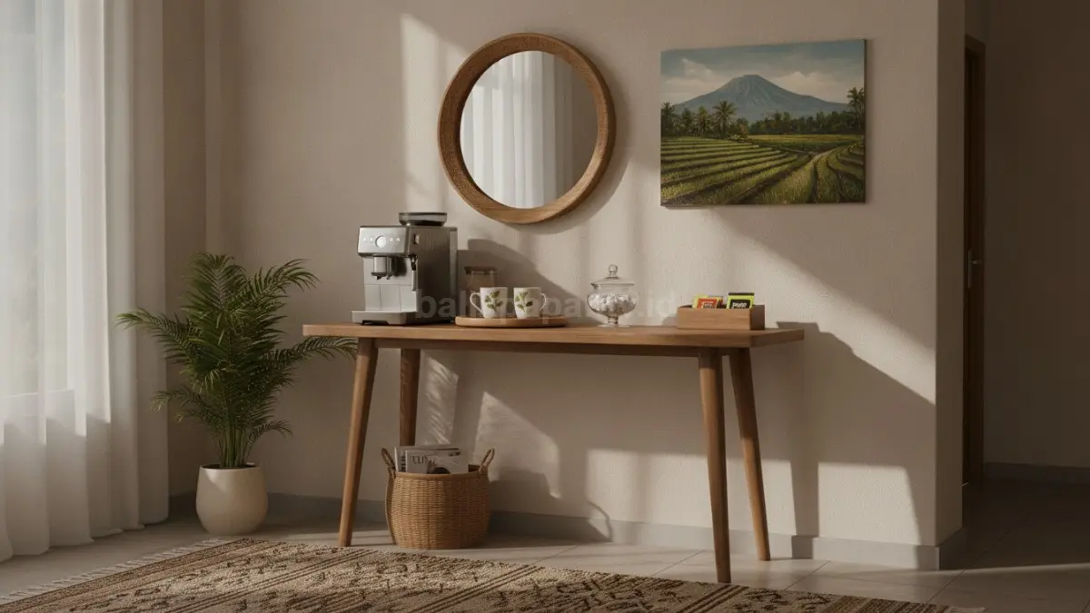Coffee corner modern dengan meja konsol ramping menghadirkan sudut kopi fungsional, rapi, dan estetik di ruang tamu. (BTV/Ai)

