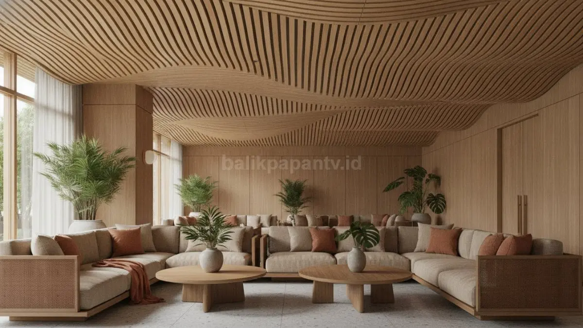 Curved Slat Design menampilkan bilah kayu melengkung, memberi kesan organik lembut pada ruang lounge modern santai.  (BTV/AI)