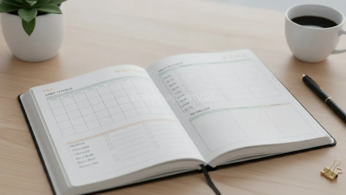 Daily log minimalis dengan daftar aktivitas harian sederhana, rapi, fokus produktivitas dan manajemen waktu efisien (BTV/Ai)
