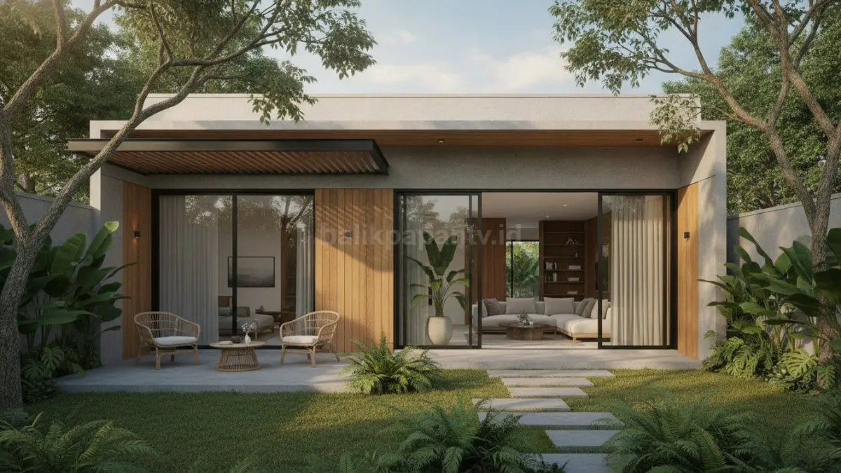 Desain rumah 1 lantai dengan taman terbuka, teras modern, dan halaman hijau yang menyatu dengan ruang keluarga. (BTV/Ai)