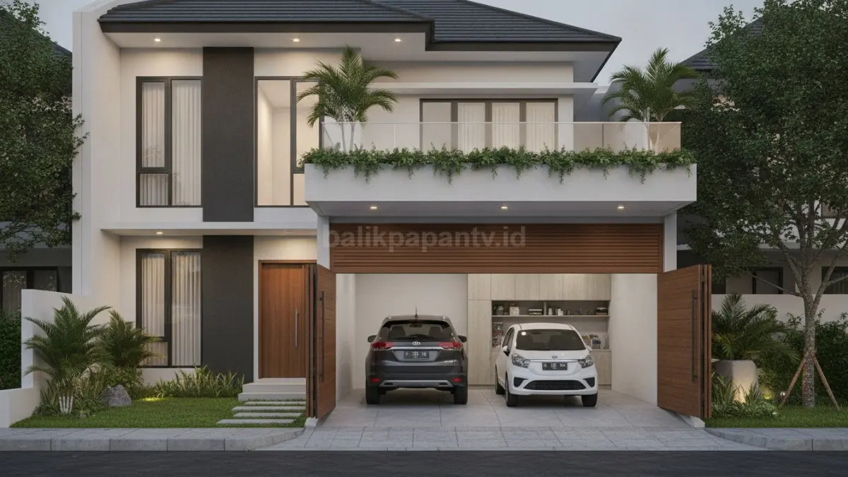 Desain rumah minimalis dengan garasi luas yang rapi, modern, dan fungsional untuk kendaraan keluarga (BTV/Ai)