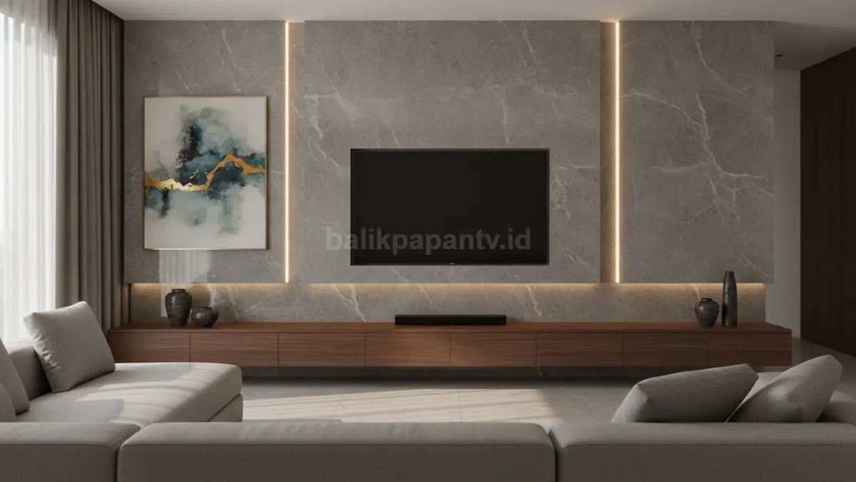 Dinding aksen marmer di ruang tamu menciptakan focal point yang elegan tanpa perlu melapisi seluruh ruangan. (BTV/Ai)