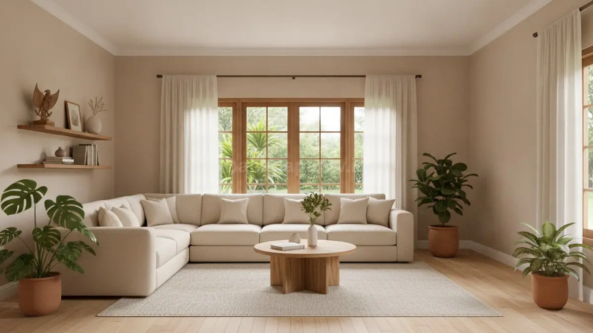 Dinding beige lembut berpadu furnitur kayu menciptakan ruangan hangat, lapang, dan nyaman untuk keluarga.(BTV/Ai)
