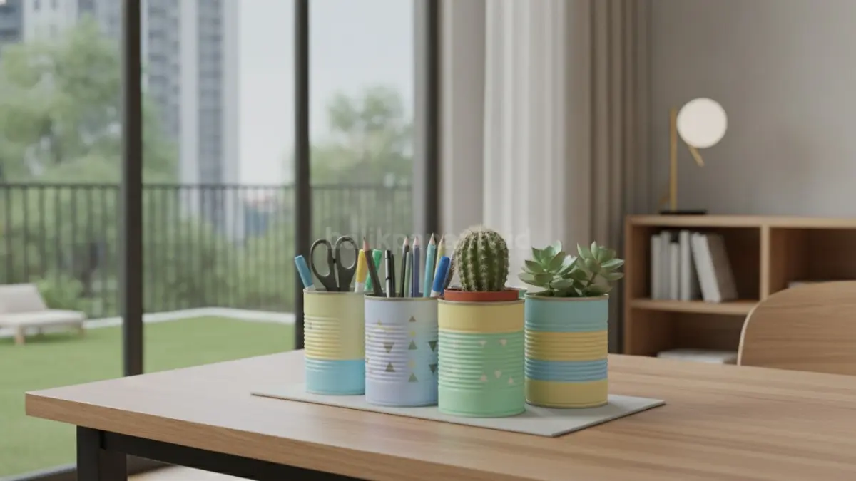 DIY organizer dari kaleng susu bekas untuk menyimpan alat tulis dan tanaman hias kecil di meja kerja.
