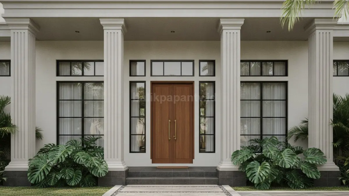 **Fasad simetris menghadirkan tampilan rumah yang rapi, proporsional, dan elegan khas arsitektur Eropa klasik. (BTV/Ai)**

