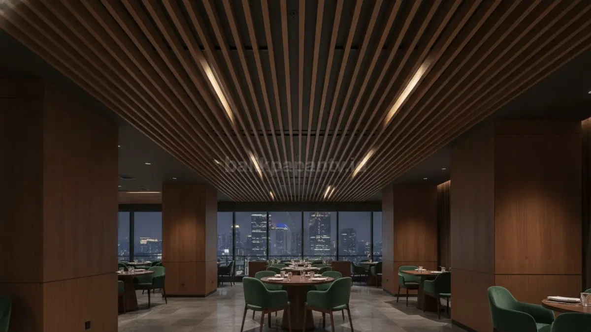 Floating Wood Slat Ceiling menciptakan efek melayang dramatis, memberi kedalaman ruang elegan restoran premium suasana intim.  (BTV/AI)