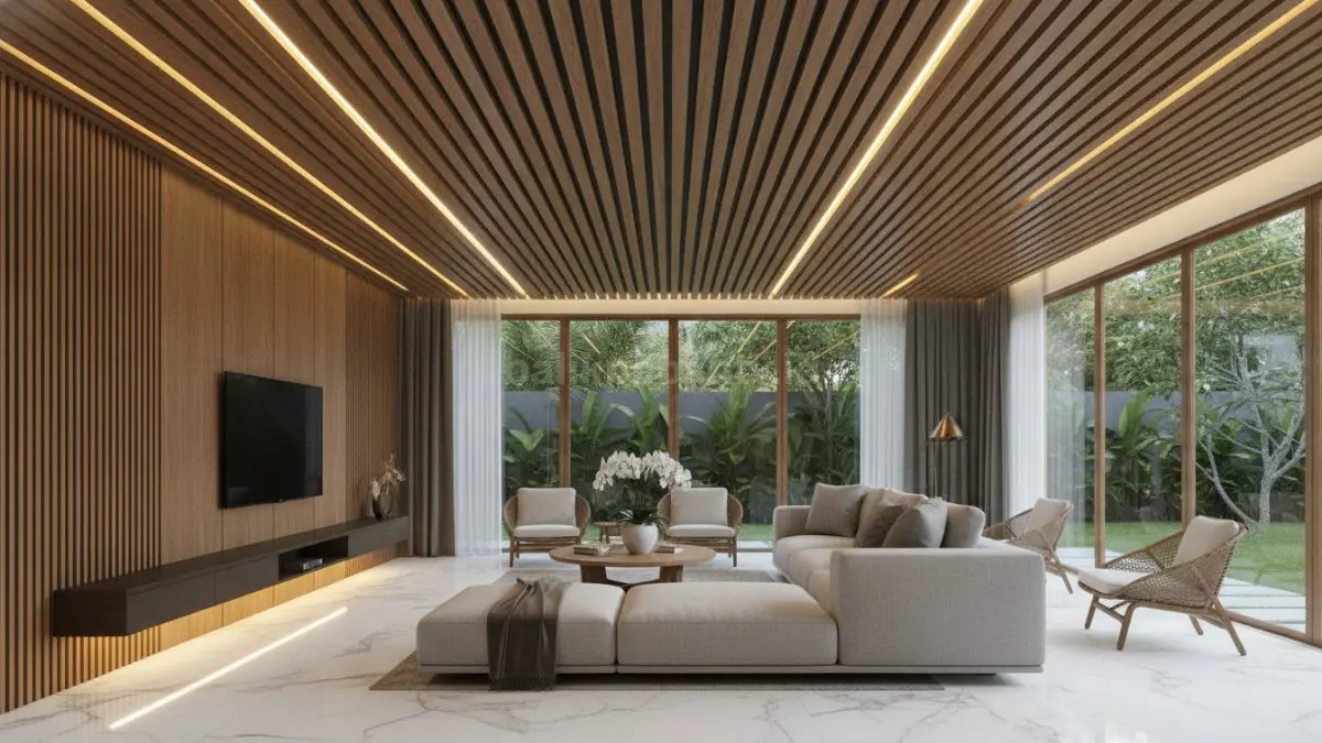 Gambar utama Plafon wood slat ceiling ruang tamu modern dengan cahaya hangat  (BTV/AI)
  
