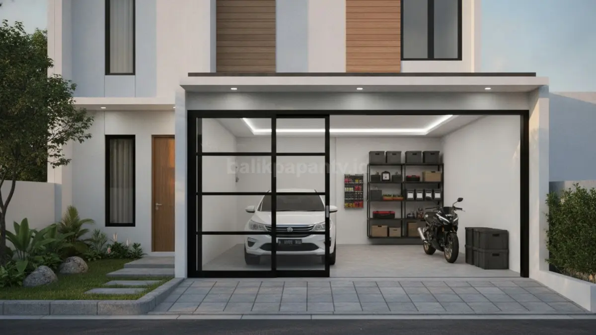 Garasi dengan Pintu Geser Minimalis dengan desain modern, hemat ruang, aman, dan tampilan rumah tetap rapi (BTV/Ai)
